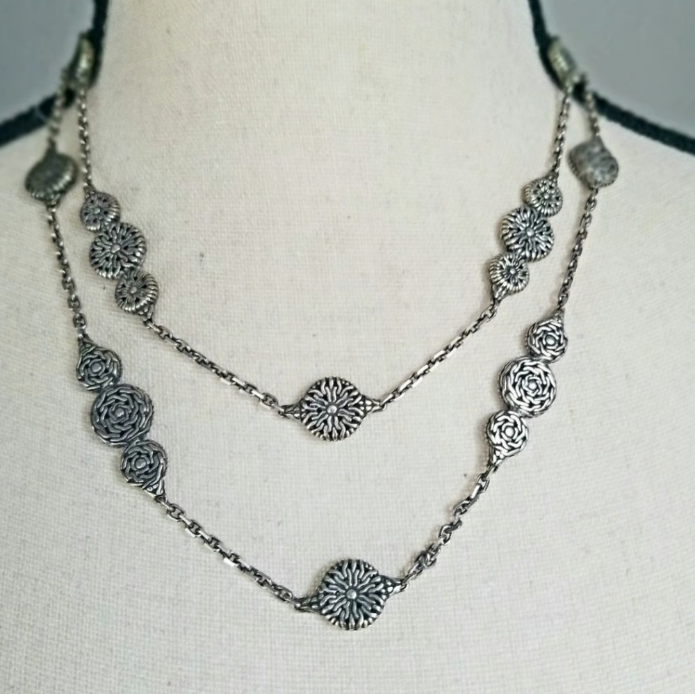 John Hardy Sterling Silver Floral Style Station Chain Necklace 36 Inch